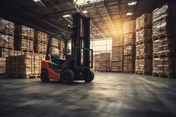 Forklift loads pallets and boxes in a warehouse using advanced technology. Generative AI - obrazy, fototapety, plakaty