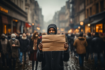 Man standing with demonstration poster in front of the people crowd. Black lives matters (BLM), human right, refugees concept. Blank brown cardboard poster with copy space. Generative AI - obrazy, fototapety, plakaty