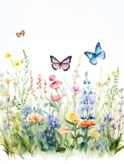 Bordure horizontale sans couture avec fleurs abstraites, feuilles et plantes vertes, papillons volants. Illustration panoramique de prairie d&rsquo;&eacute;t&eacute;. IA g&eacute;n&eacute;rative, IA