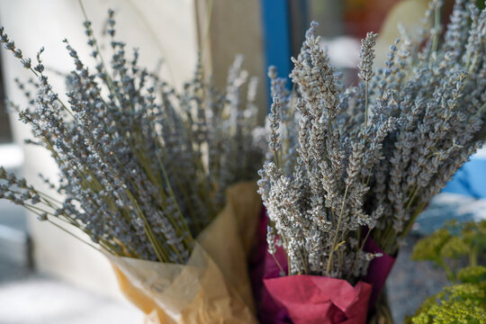 Bouquets of dried lavender in basket. flower shop. Flowers delivery