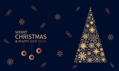 Christmas and New Year background. Greeting card, web banner. Realistic gift box, Christmas wreath, Christmas tree toy. Tinsel, falling decorative objects. Christmas xmas. Vector illustration, EPS 10.