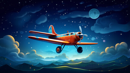 Cartoon airplane in night sky