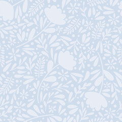 Ditsy blue floral laves vector pattern, seamless background repeating tile