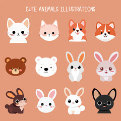 Cute animals wildlife character vector illustrations dog cay puppy bunny rabbit fluffy bear design for kids 