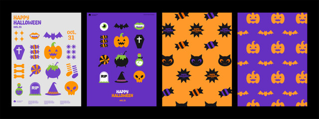 Poster of Happy Halloween. A set of flat vector illustrations. October 31.  Minimalist, geometric, background pattern, icon. Perfect for poster, media banner, cover or postcard.