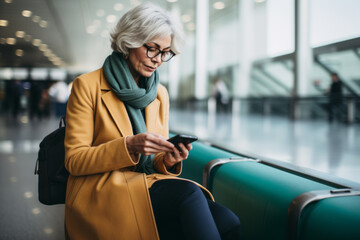 Older woman, lady standing in a airport lounge checking his smartphone for information on flights - obrazy, fototapety, plakaty