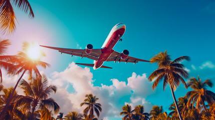 Naklejka premium A airplane aircraft is flying above palm trees and clouds. Bottom view.
