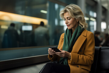 Older woman, lady standing in a airport lounge checking his smartphone for information on flights - obrazy, fototapety, plakaty