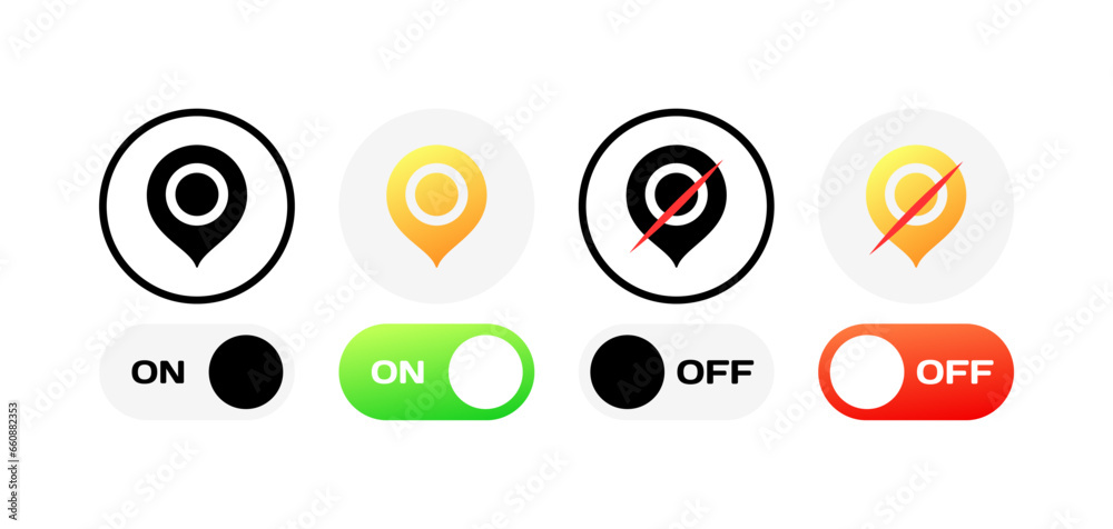 Poster geolocation enable disable icons. different styles, colors, enable/disable geolocation, geolocation 