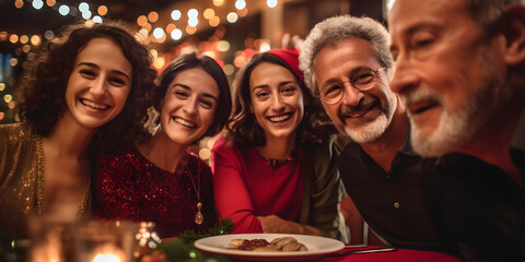 Christmas family dinner, parents, grandparents, children, friends, Santa, concept of love and brotherhood at Christmas - obrazy, fototapety, plakaty