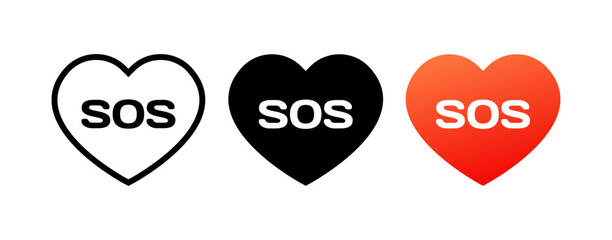 SOS in hearts icons. Different styles, colors, SOS in hearts, heart icons. Vector icons