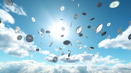 Compact disks flying in the sky