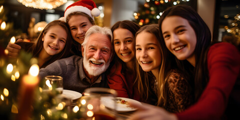 Obraz na płótnie Canvas Christmas family dinner, parents, grandparents, children, friends, Santa, concept of love and brotherhood at Christmas
