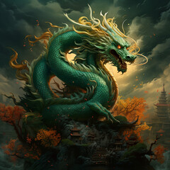 Fototapeta na wymiar Fairy Green Chinese Dragon Chinese New Year 2024 background, Year of the Green Dragon