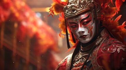 Chinese carnival new year 2024, man in mask. Generative AI
