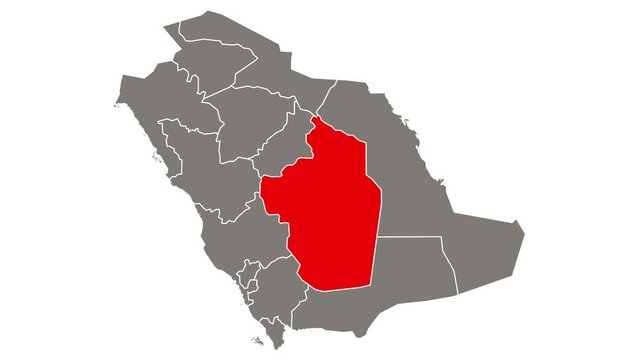 Riyadh province blinking red highlighted in map of Saudi Arabia