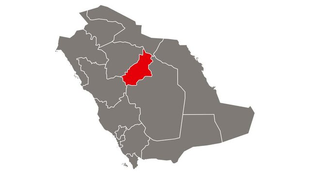 Qassim province blinking red highlighted in map of Saudi Arabia