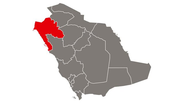 Tabuk province blinking red highlighted in map of Saudi Arabia