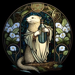 a white beaver in flowing robes holding a bottle of spirits while facing into the wind painted in the style of Gustav Klimt and Alphonse Mucha intricate vibrant haunting stained glass ink intricate 