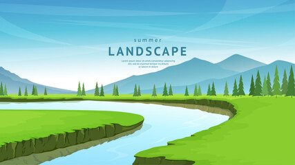Beautiful summer landscape. The river flows between green meadows, mountains and forest on the horizon. Clear sunny day, picturesque countryside. Vector illustration.