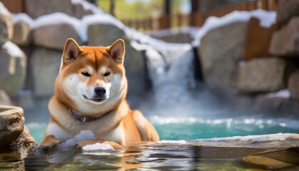 Dog enjoying vacation and relaxing in hot springs