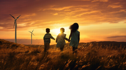 Children walking hand in hand on a sunset scene, walking towards a distant wind-farm, with wind turbines. - obrazy, fototapety, plakaty