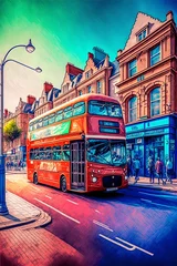 Foto op Canvas doubledecker buses scene on the street in the city colored pencil drawing style10 colored pencil strokes effect9 extreme details ultra realistic ultra HD 8k  © Leon