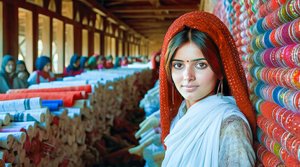 Obraz na płótnie Canvas Intriguing portrait of a young woman selling vibrant textiles in a South Asian traditional market.