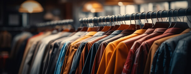 Men's suits, jackets and shirts on hangers in a store - obrazy, fototapety, plakaty
