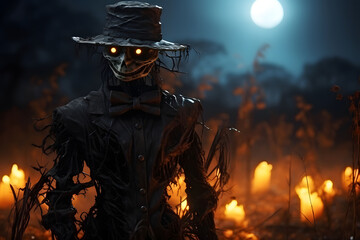Scary scarecrow in a hat on a burning cornfield. Halloween holiday concept