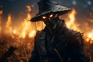 Scary scarecrow in a hat on a burning cornfield. Halloween holiday concept - obrazy, fototapety, plakaty