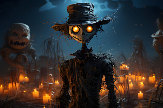 Scary scarecrow in a hat on a cornfield. Halloween holiday concept