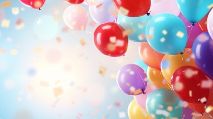 Colorful party balloons with a confetti-filled backdrop for a celebration.