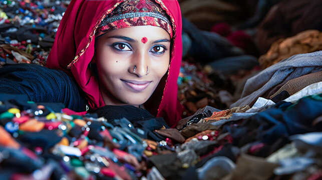 Vibrant Young Woman Selling Colorful Textiles In A Traditional South Asian Market.