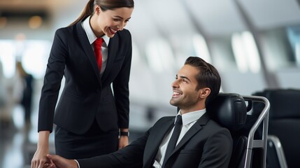 Service and Hospitality: Portrait of a flight attendant smiling and pushing a wheelchair for a young businessman who uses a wheelchair in first class.