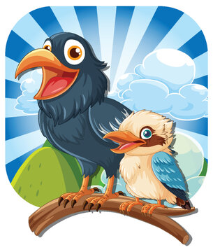recommend clip art: Cute Cartoon Crow and Kookaburra on Tree Branch