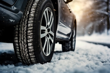 Close up of car tires in winter on the road covered with snow. Winter tire.