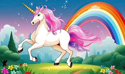 Obraz na płótnie Canvas Photo of a playful unicorn running in a colorful field, with a vibrant rainbow as the backdrop