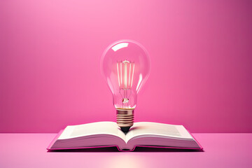 pink light bulb and book, concept of new ideas