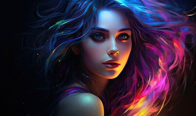 Photo of a stunning woman with flowing hair illuminated by vibrant lights