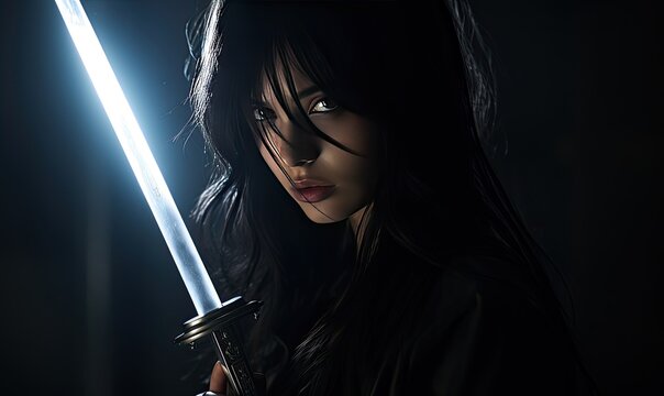 Photo of a woman holding a sword in a dimly lit room