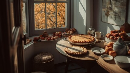 Cozy cottage kitchen table setup with apple pie and autumn decor 