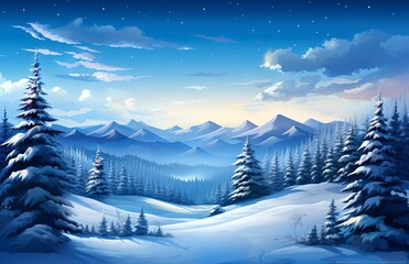 Fototapeta na wymiar Snowy hills and fir trees under the winter sky