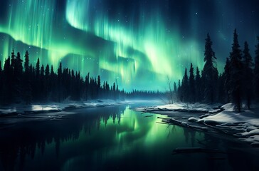 Northern lights in winter over the river
