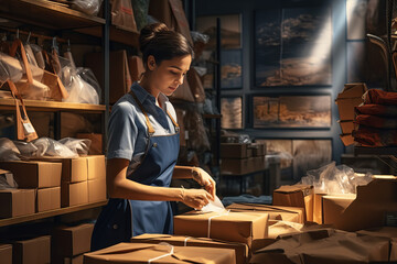 Fototapeta na wymiar Worker preparing order in retail shop warehouse