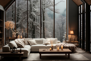 Cozy living room with a large sofa and a large panoramic window overlooking the winter forest