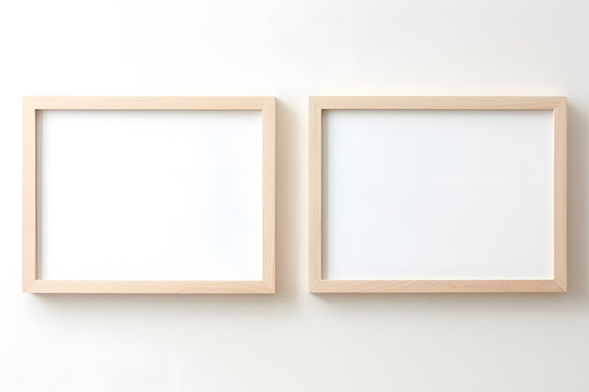 Two blank horizontal decorative art transparent frames mock-up close-up, plain wooden uncoated frames