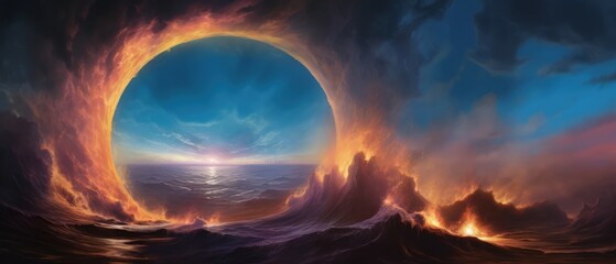 At the edge of the world before the last sunset a gigantic fiery portal rift to another ethereal world starts to open over the ocean in the clouds.  - obrazy, fototapety, plakaty