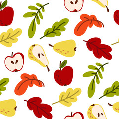 Drawing of autumn harvest and leaves. Apples, pears in whole and in section on a white background. Vector flat bright texture with fruits and foliage. Cute cartoon illustration for printing. Packaging