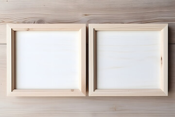 Two blank square decorative art transparent frames mock-up close-up, plain wooden uncoated frames. Wooden background